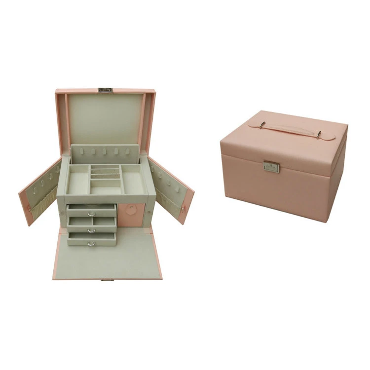 Custom Luxury Pink Large Multi Drawer Faux Leather Jewelry Box